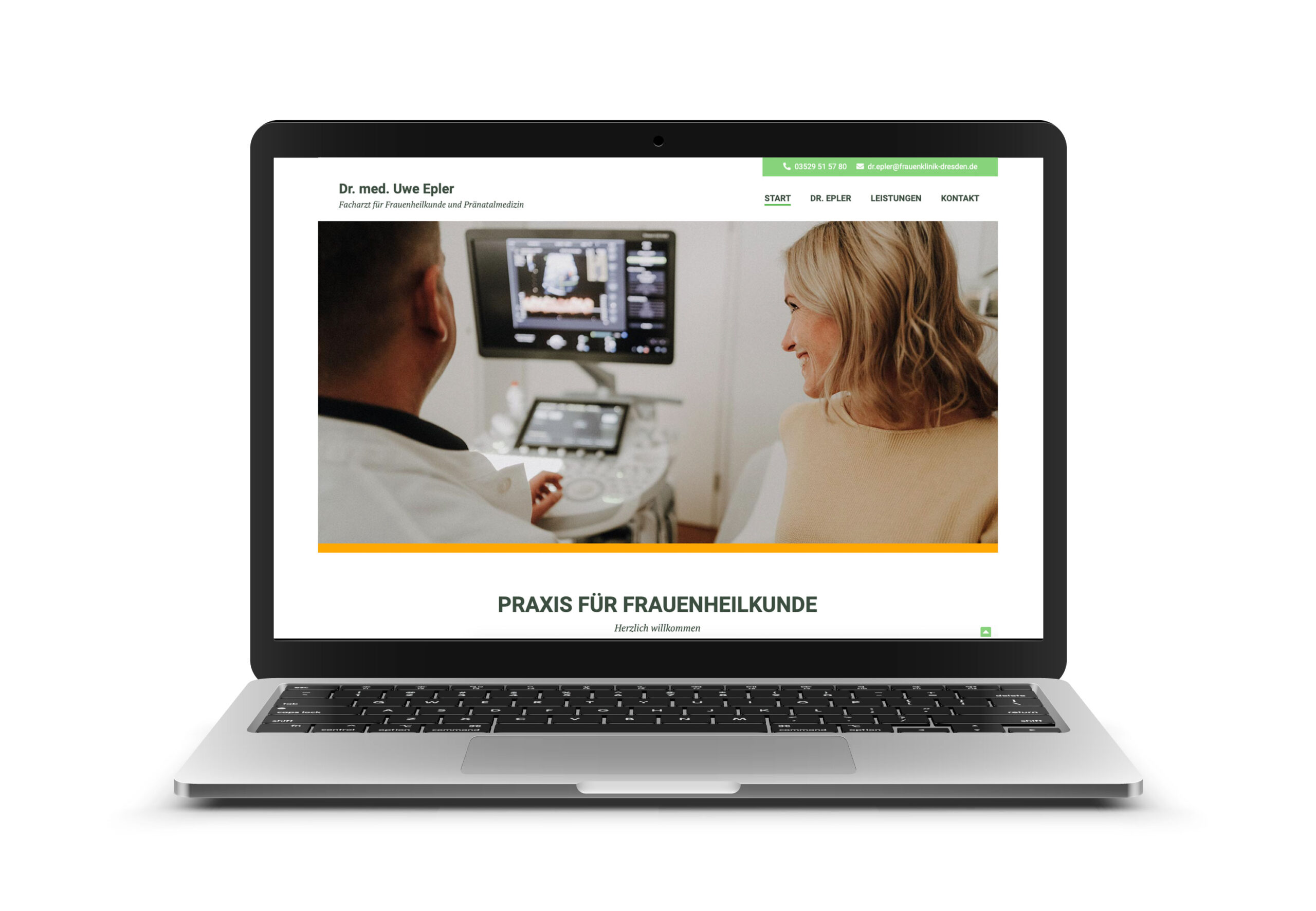 Zu sehen ist die Startseite der Website von Dr. Epler mit einem großen Aufmacherbild, auf der der Dr. Epler mit einer Patientin im Gespräch über einen Ultraschall zu sehen ist