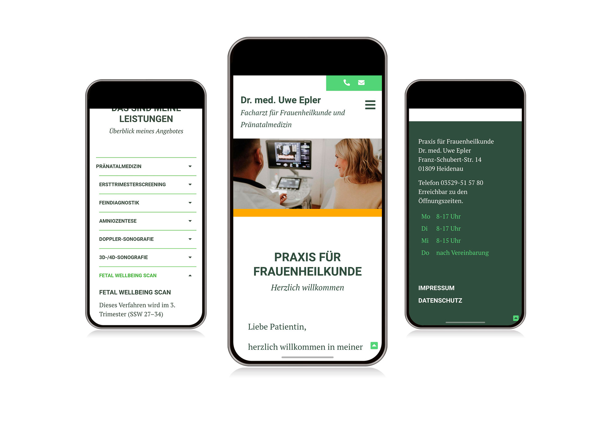 Mobile Ansicht der Website, zu sehen sind drei Unterseiten auf einem Smartphone